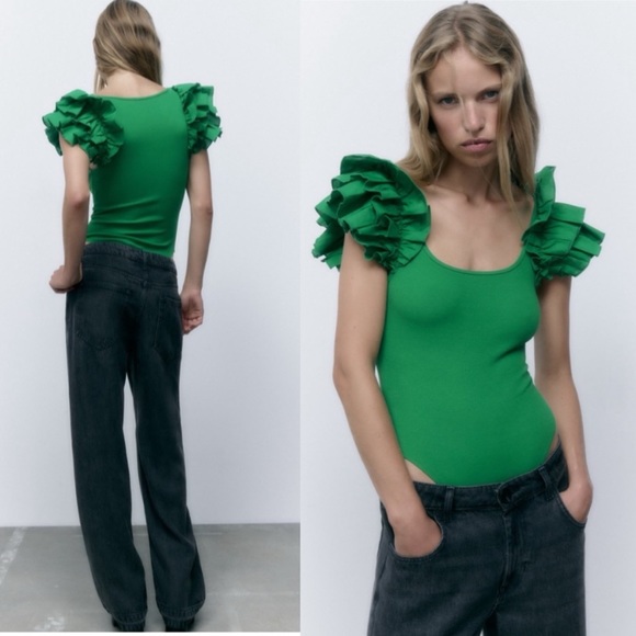🌿 ZARA GREEN BUTTERFLY SLEEVE RIBBED BODYSUIT! - Picture 10 of 16